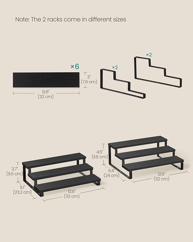Spice Rack Set of 2, 3-Tier Ebony Black Engineered Wood Display Riser