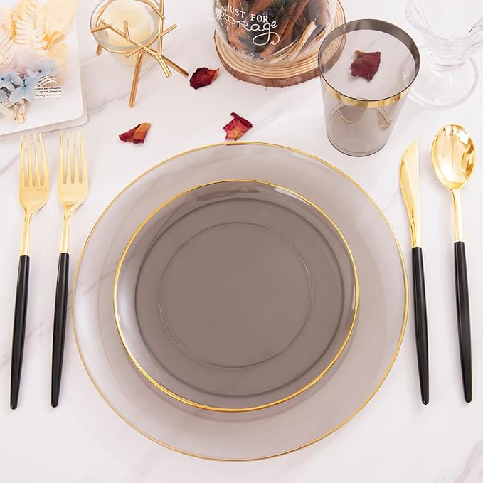 Disposable Black Plates with Gold Rim, 180-Piece Party Set