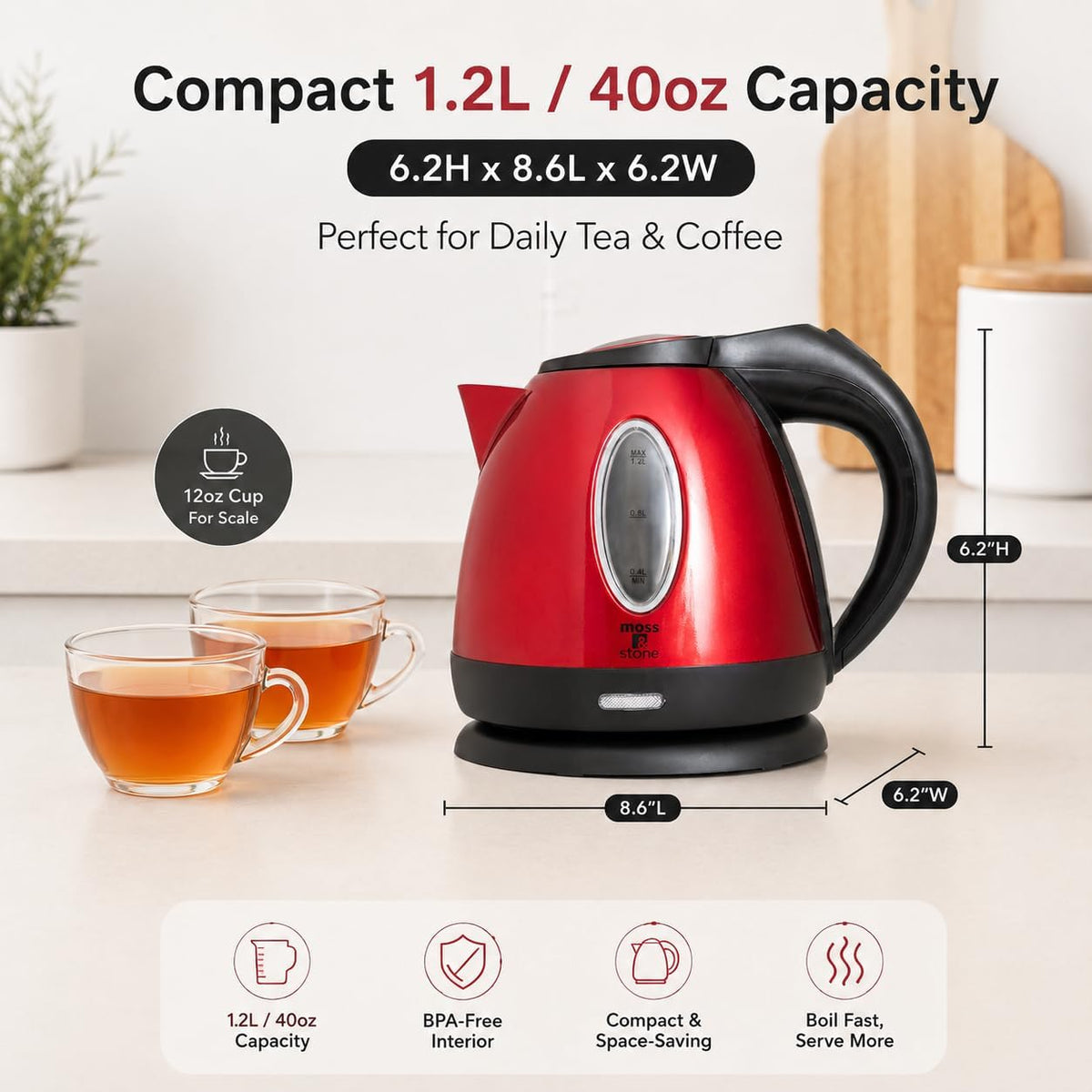 Red Stainless Steel Electric Kettle, 1.2L Cordless 1500W – set view