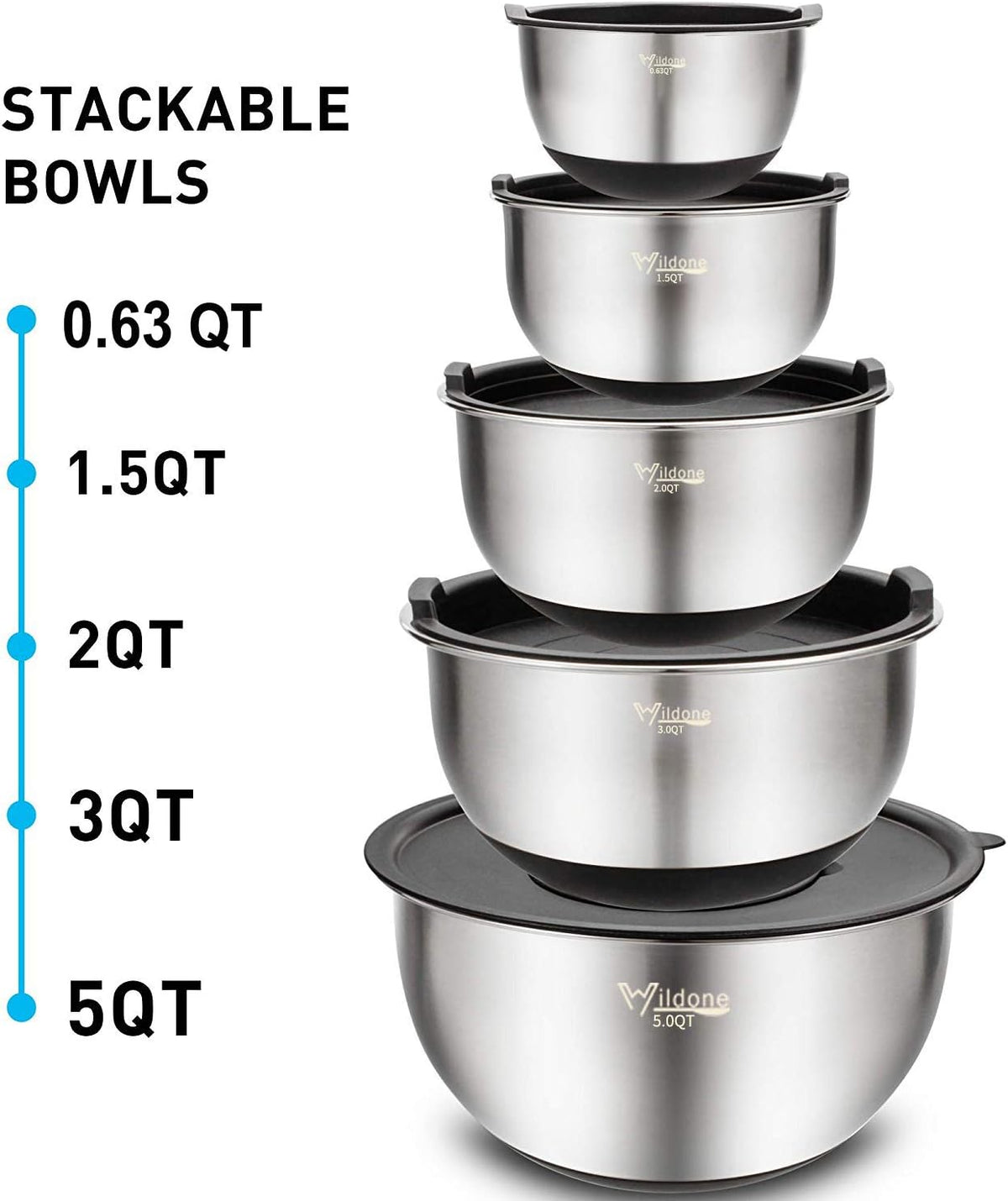 Mixing Bowls with Airtight Lids Set, 5PCS Stainless Steel Nesting Bowls – set view