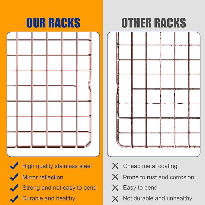 2PCS Cooling Racks for Cooking and Baking - 10" x 16"Heavy Duty Stainless Steel Wire Rack for Baking, Grilling, Roasting - Oven & Dishwasher Safe - Fits Half Sheet Pan(Rose Gold)