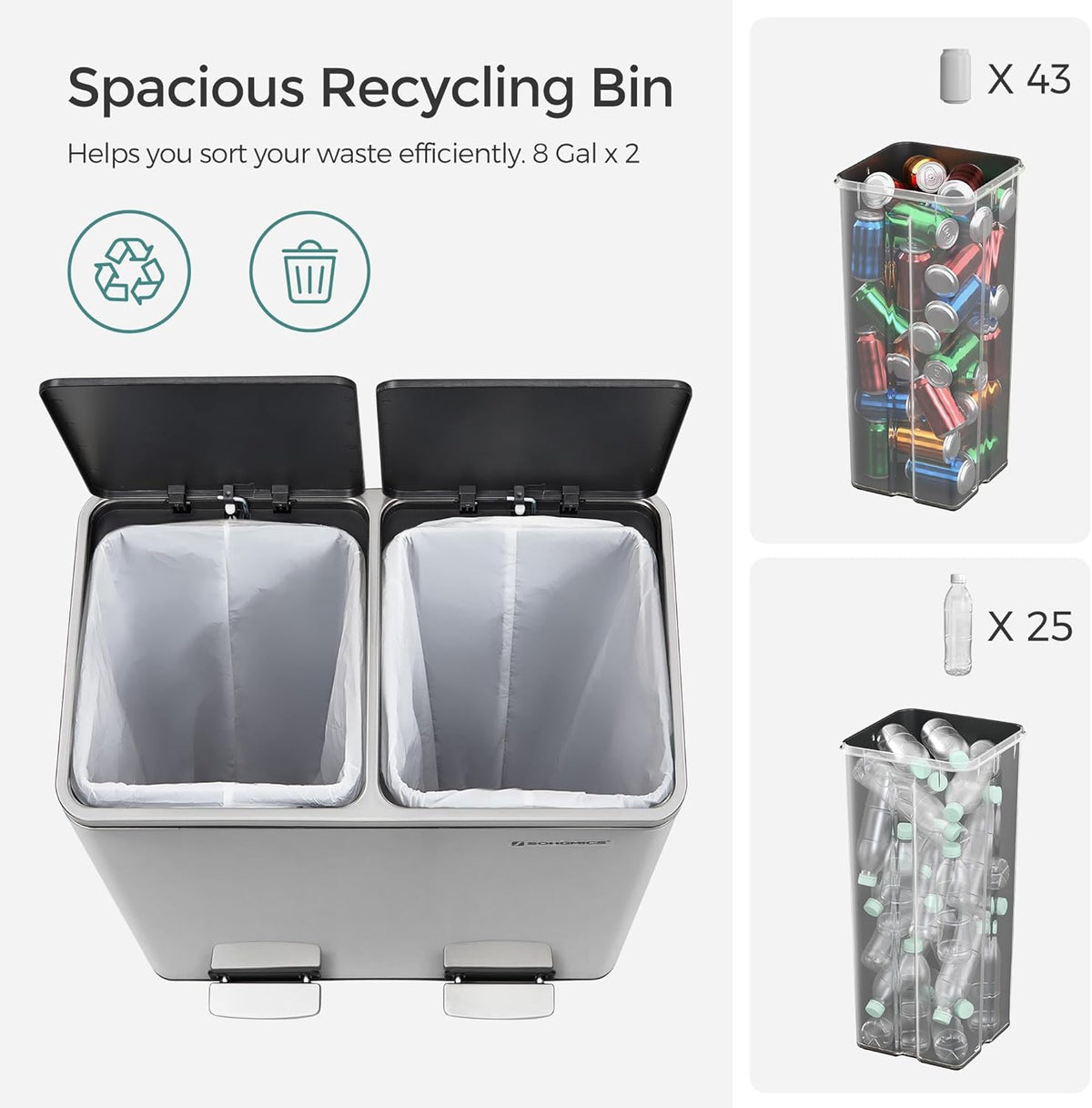Trash Can, 2 x 8 Gallon (2 x 30 L), Silver and Black – size reference