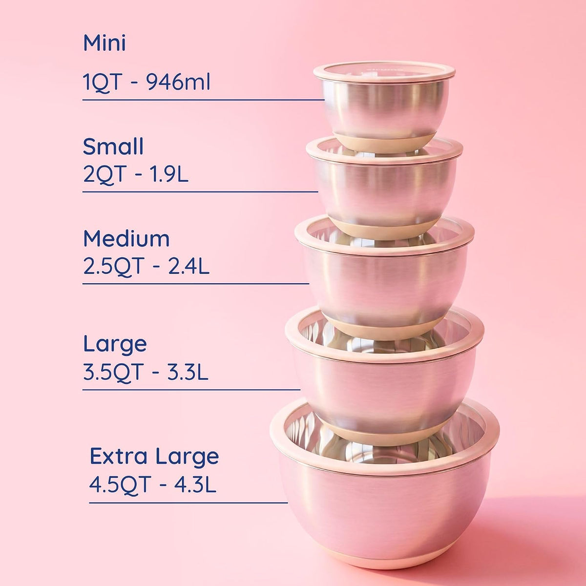 Non-Toxic Stainless Steel Mixing Bowls, Glass Lids, Plastic Free, 5-Pcs – set view