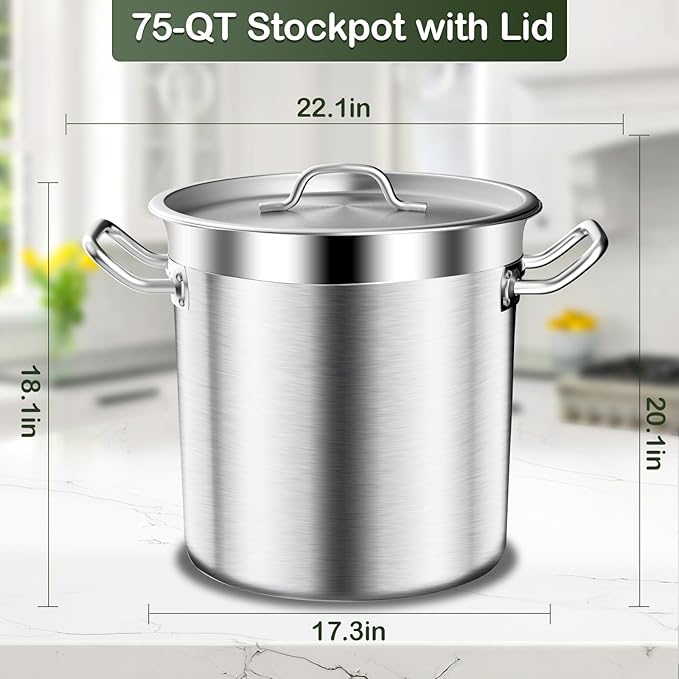 Stainless Steel Stockpot with Lid, 75QT Large Stock Pot Heavy Duty Tri-Ply Bottom Commercial Grade Stock Pot & Stockpots for Boiling Cooking Soup Stew Canning Cookware Sauce Cooking Pots
