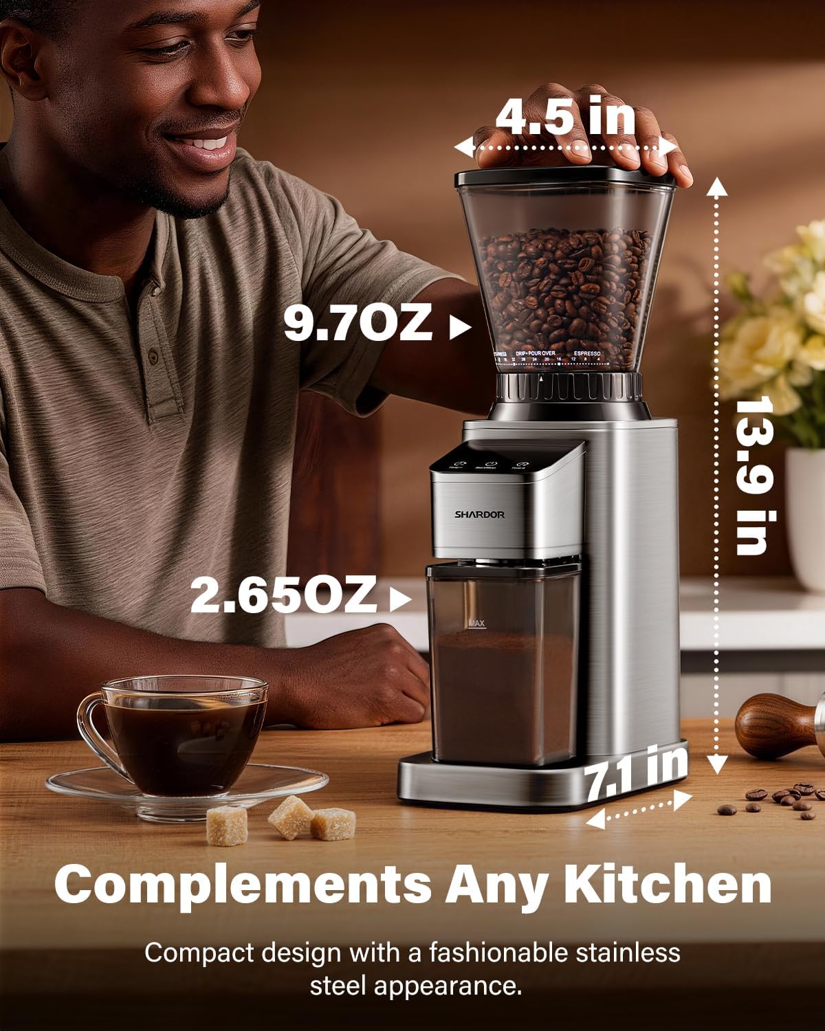 Conical Burr Coffee Bean Grinder, Anti-Static, 48 Settings, Silver – set view