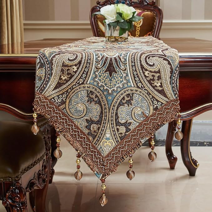Table Runner 12x90 Inch Coffee Floral Embroidered with Beaded Tassels