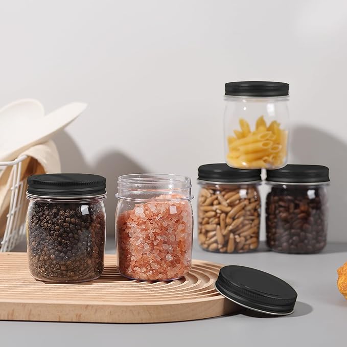 Food Jars 8 oz Clear PET Plastic Canisters, 48 Pack with Metal Lids