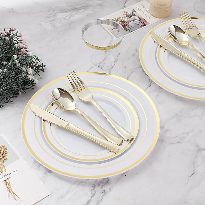 Plates Set, Gold Disposable, 450 Pieces for 75 Guests