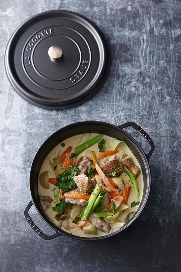 STAUB Cast Iron Dutch Oven 7-qt Round Cocotte, Serves 7- 8, Made in France, Black Matte