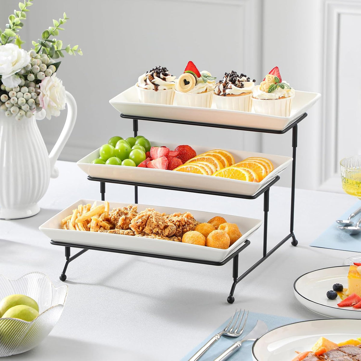 3 Tier Serving Trays, White Porcelain Serving Platters, 12 Inch – another angle