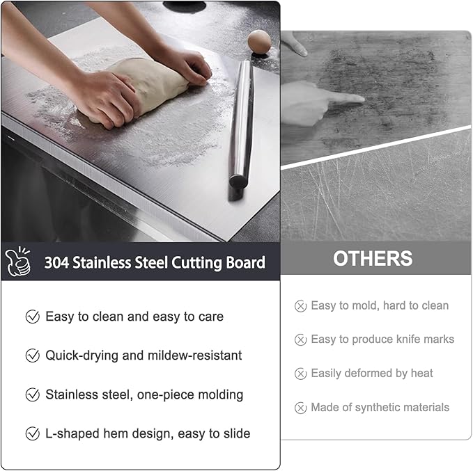 304 Stainless Steel Cutting Board – Stainless Steel Kitchen Chopping Boards Non-Slip, Dishwasher Safe – Ideal for Meat, Vegetables, Fruits, Bread & Baking – Commercial & Home Use (23.6 * 15.7in)