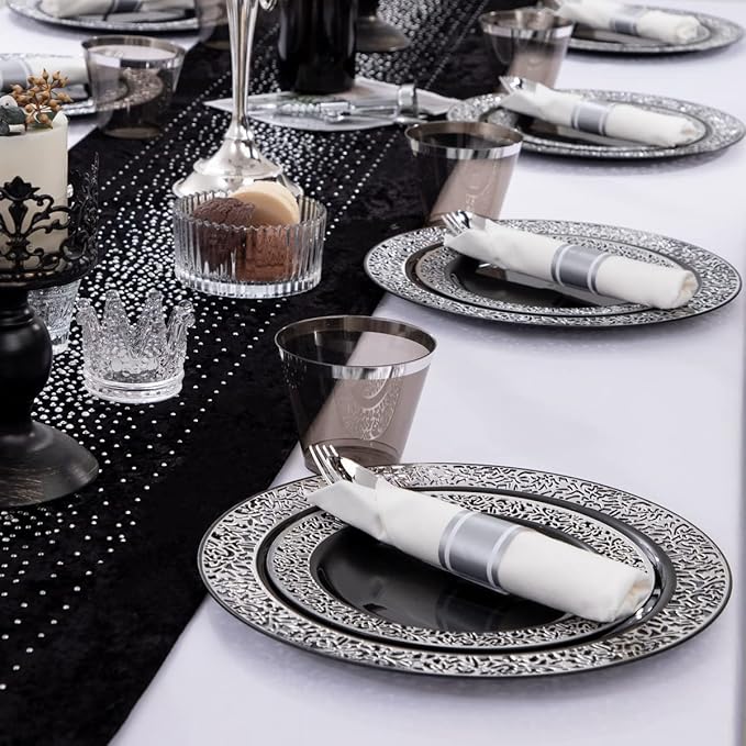 Disposable Plates Set, Black Lace Design with Silver Cutlery, 210 Pieces