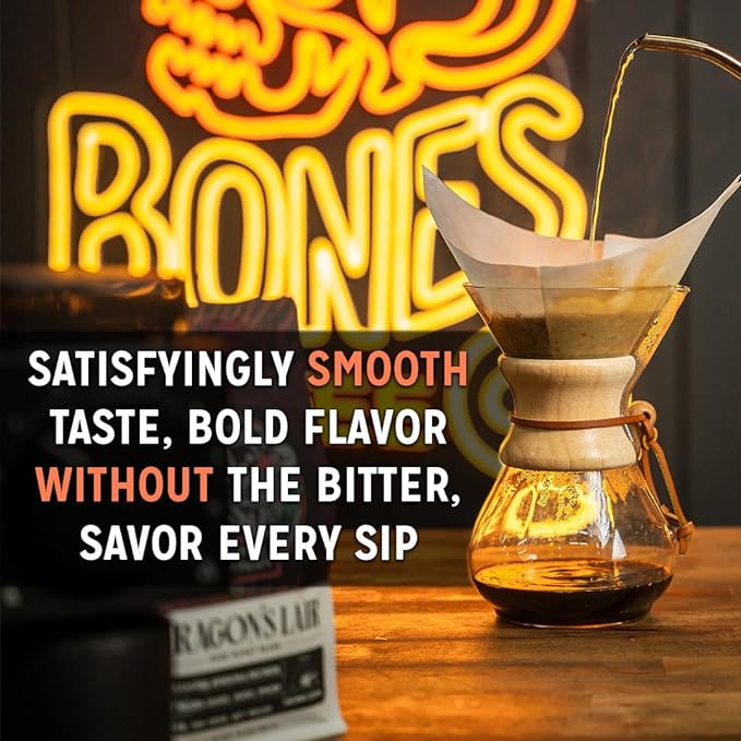 Bones Coffee Company Bananas Foster, Banana, Rum and Vanilla Flavored Coffee, Medium Roast Low Acid Arabica Beans Compatible with Auto drip and French Press Coffee Maker, 12 Oz Ground
