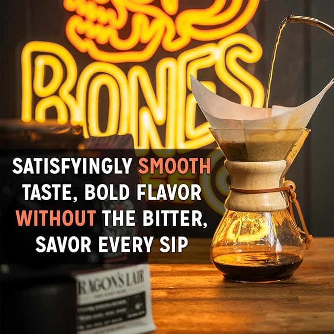 Bones Coffee Company Jingle Bones, Caramel Vanilla Coconut Flavored Coffee, Medium Roast Low Acid Arabica Beans Compatible with Auto drip and French Press Coffee Maker, 12 Oz Ground