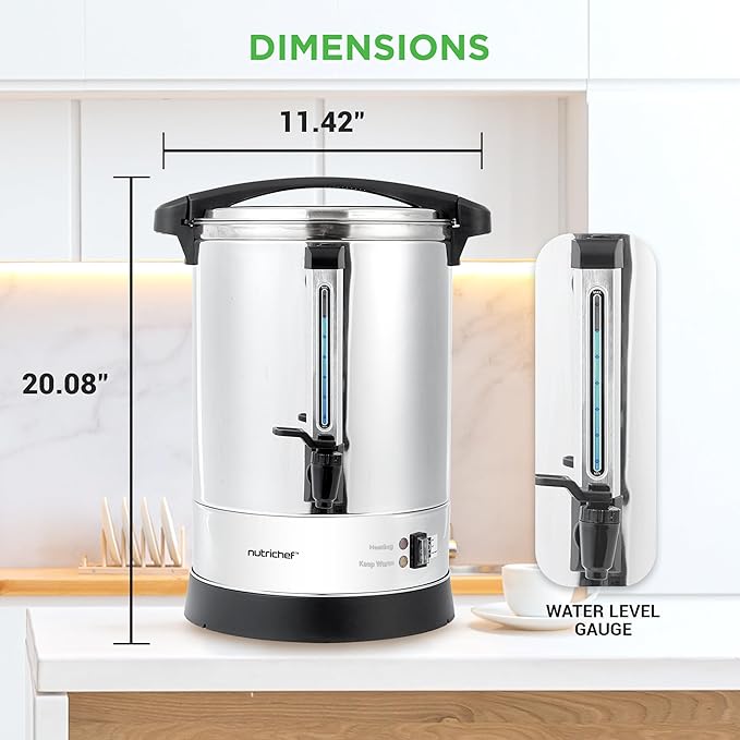 NutriChef Water Boiler and Hot Water Dispenser, 13L Electric Beverage Dispenser with Safety Lock Lid, Non-Drip Tap, Warm Function, Food Grade Stainless Steel, Home and Commercial Use, 20x11x11 in.