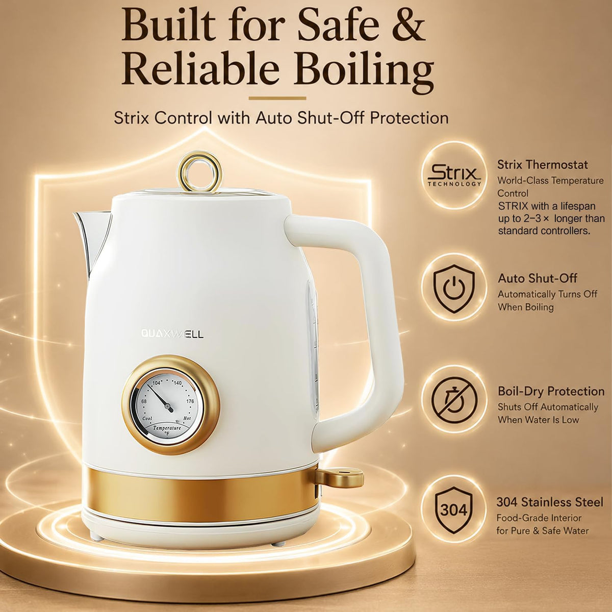 Retro Electric Tea Kettle, 1.7L, Matte White and Gold – another angle