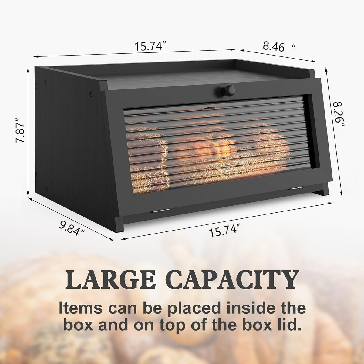 Bread Box for Kitchen Countertop,Black – size reference