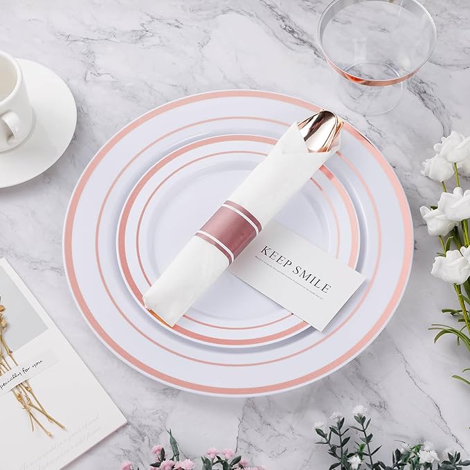 Plates Set, White with Rose Gold Rim, 10.25-Inch Dinner and 7.5-Inch Salad