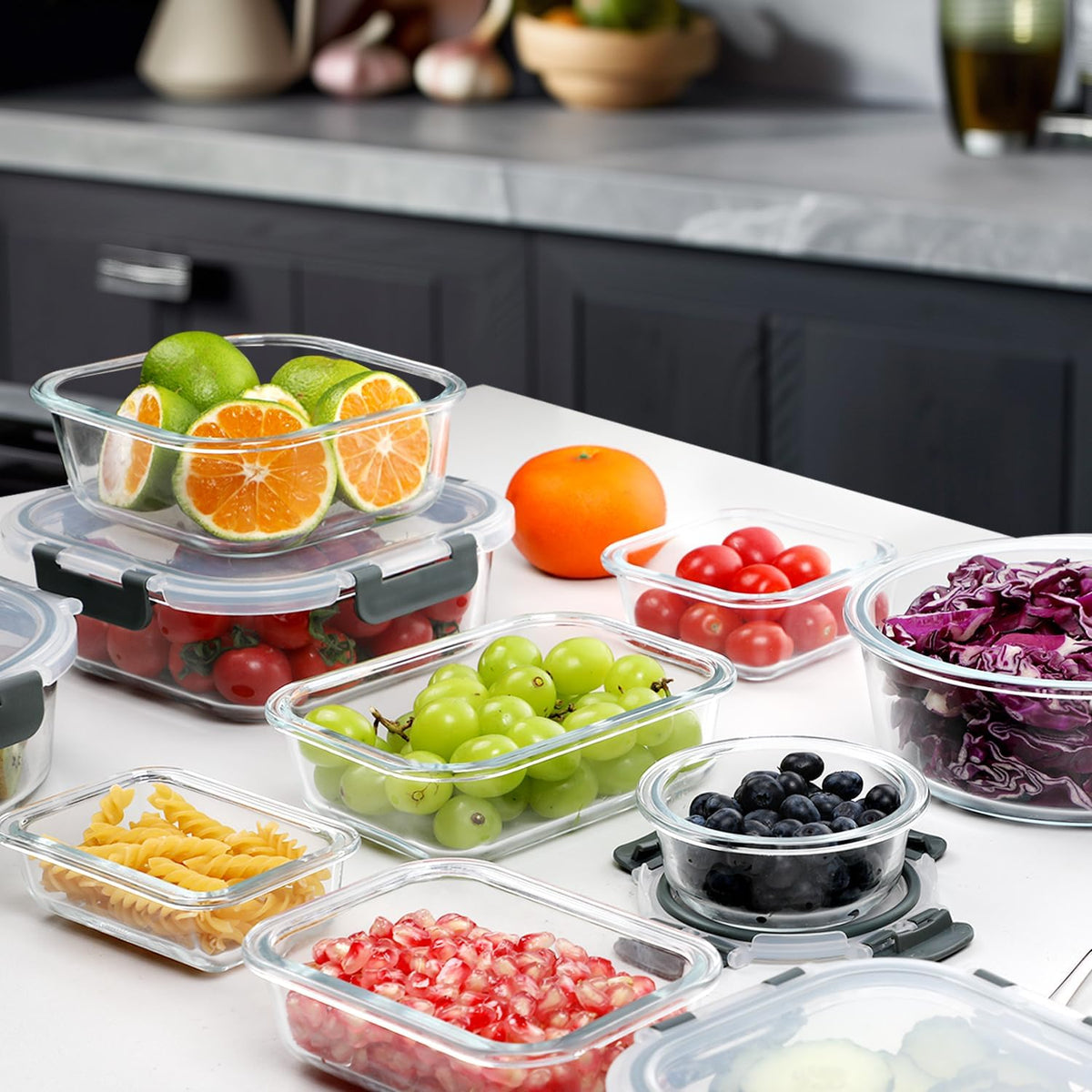 30 Pieces Glass Food Storage Containers Set with Lids, Grey – set view