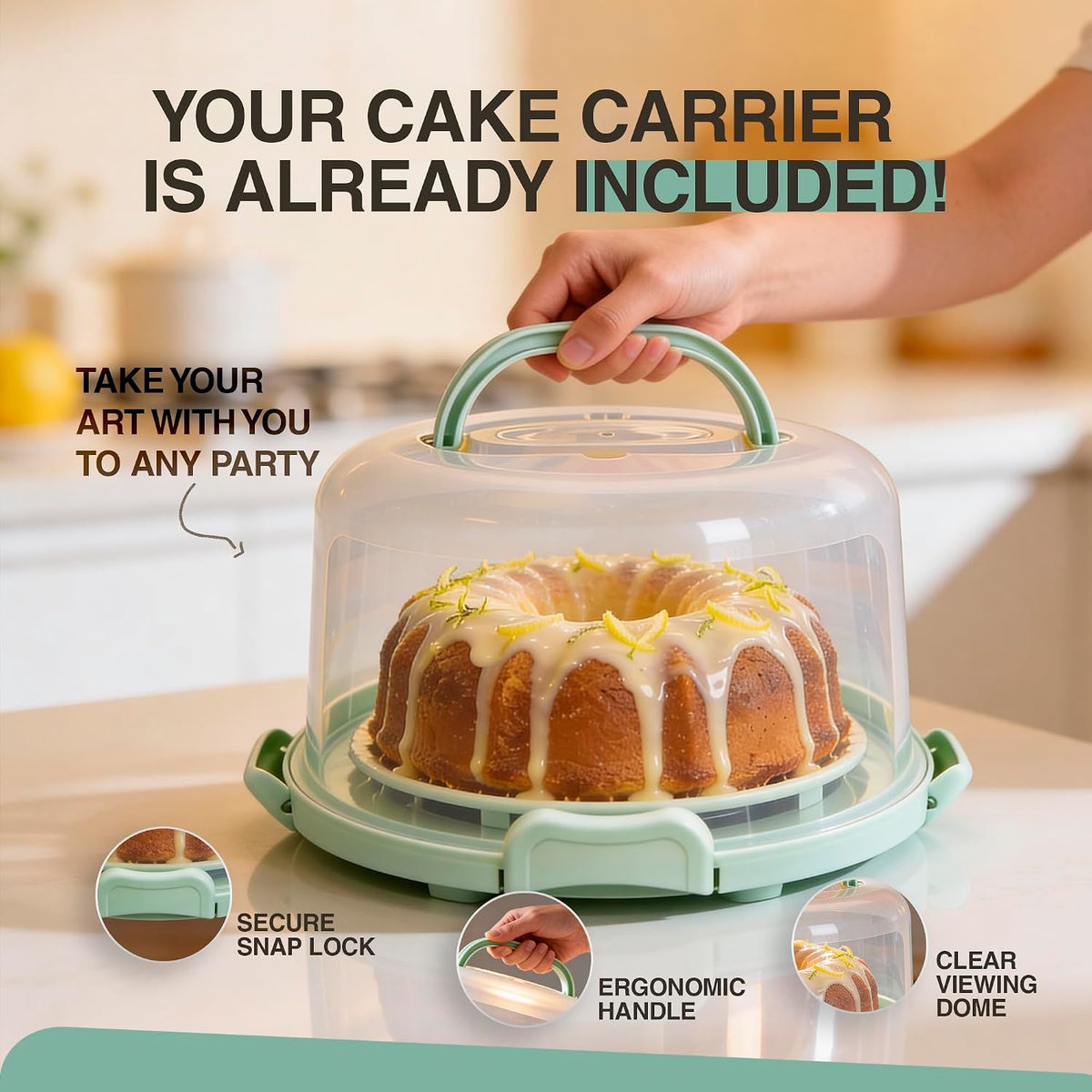 10in Buntz Cake Pan Non Stick & 12in Cake Carrier w/Lid-Handle,Mint Green – another angle