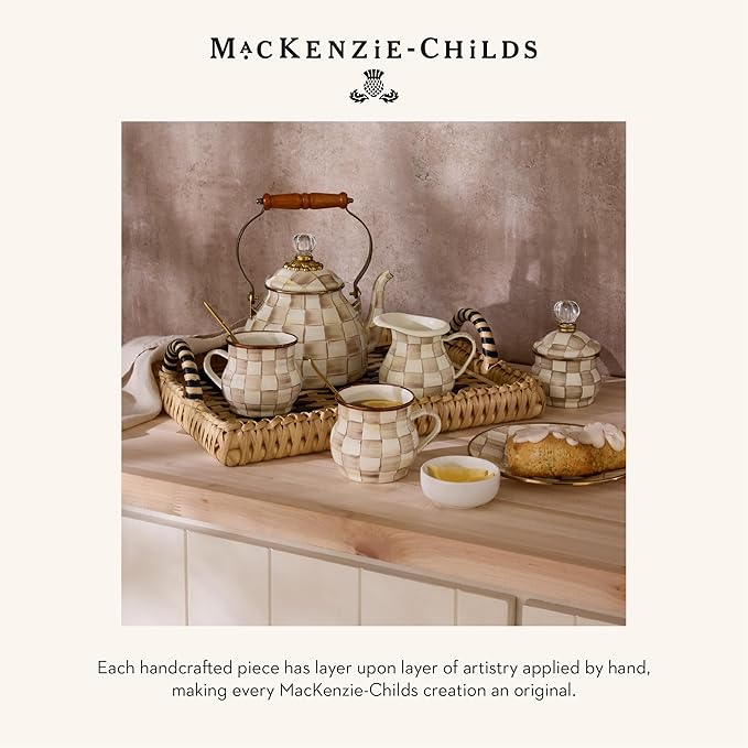 MACKENZIE-CHILDS Enamel Pedestal Platter, Round Cake Stand, Mini, Brown-and-White Mocha Check