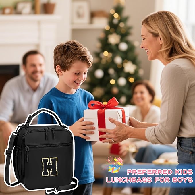 Initial Insulated Lunch Bag for Boys Kids, Back to School Gift, Reusable Leak-proof Lunch Box with Adjustable Strap for School Daycare Travel Picnic(Black,H)