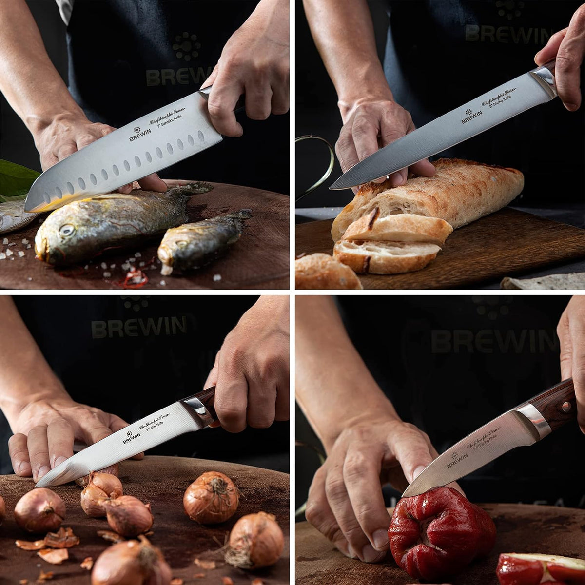 CHEFILOSOPHI Japanese Chef Knife Set 5 PCS with Elegant Red Pakkawood Handle – size reference