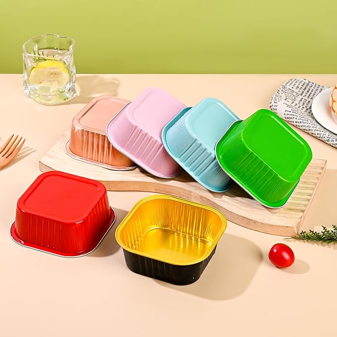 Mini Cake Pans With Lids (10oz,40 Pack) 4”x4” Aluminum Foil Square Cupcake Liners Brownie Baking Cups, Disposable Large Cupcake Pan, Jumbo Muffin Tin Ramekins