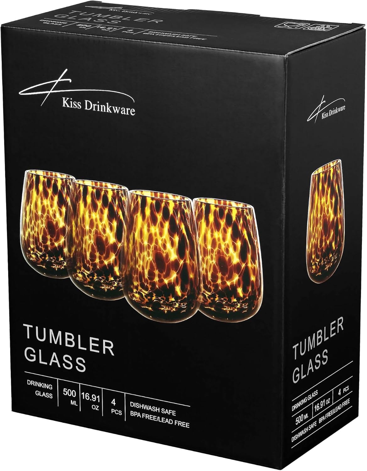 Tortoise Shell Stemless Wine & Water Glass Set of 4 – 16.91 oz Borosilicate – another angle