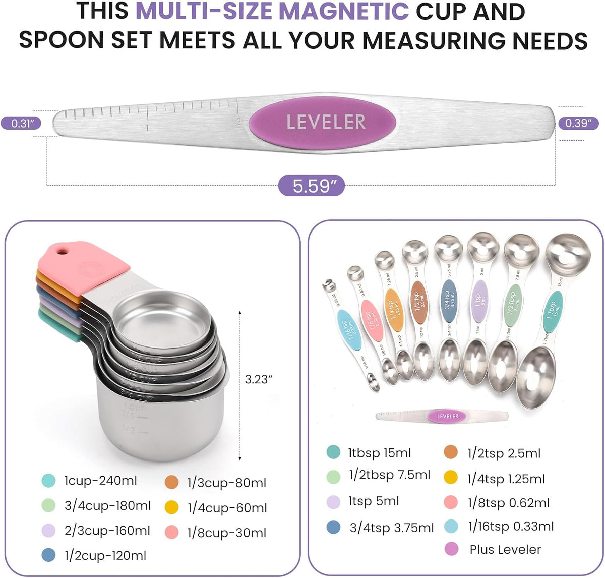 Magnetic Measuring Cups and Spoons Set-Heavy Duty 304 Stainless Steel – size reference