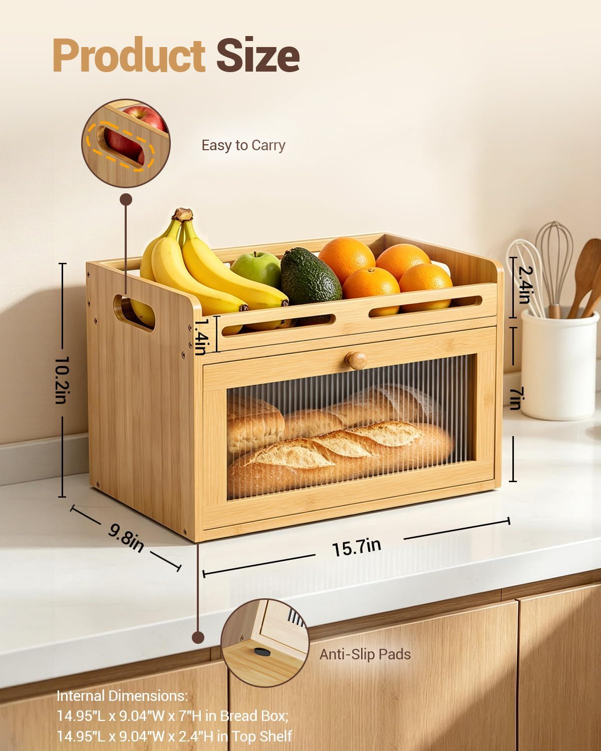 Bread Box for Kitchen Countertop, Bamboo Storage Container with Top Shelf – set view