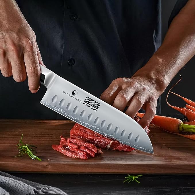 HOSHANHO 7 Inch Santoku Knife,Professional Japanese High Carbon Steel Chef Knife, Razor Sharp Kitchen Knife with Ergonomic Red Sandal Wooden Handle - Gift Box