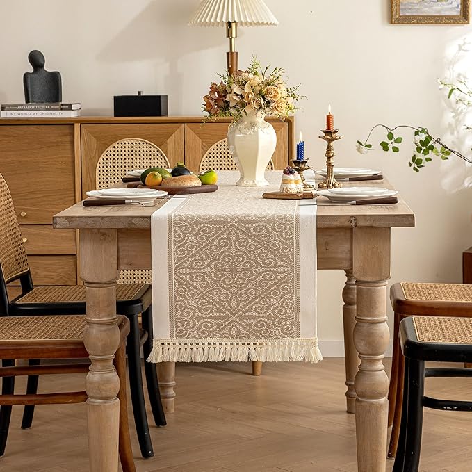 Boho Table Runner in Coffee Polyester with Fringe, 14 x 138 Inches