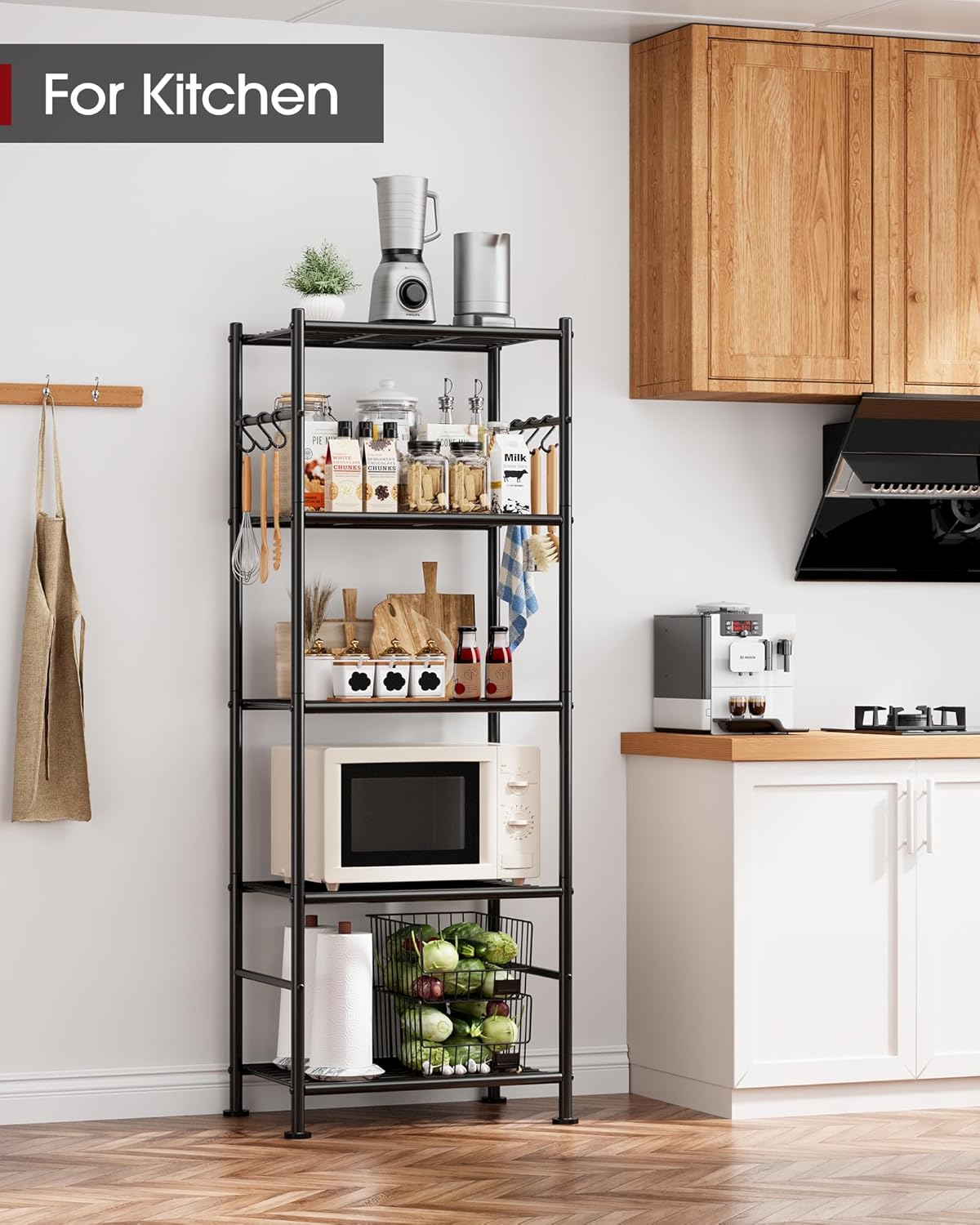5-Tier Storage Shelves with Hooks, 18.1" x 12.4" x 56.8", Black – another angle