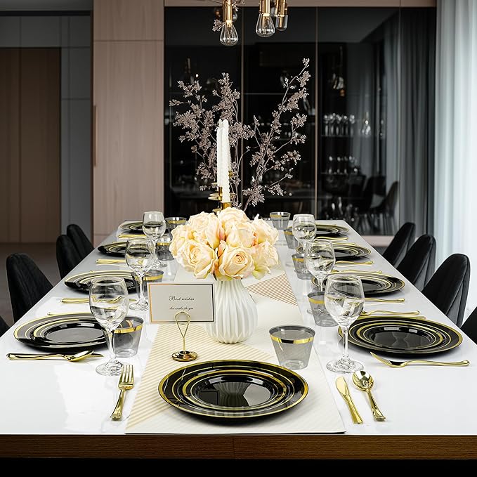 Plates Set, 350 Pieces, Black and Gold Plastic for 50 Guests