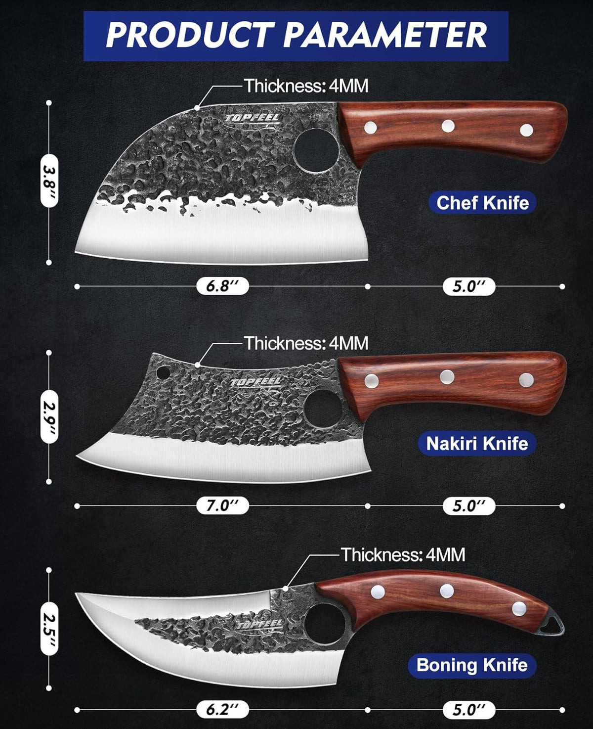 3PCS Hand Forged Kitchen Knife Set - Viking Chef Knives Men Gifts – size reference