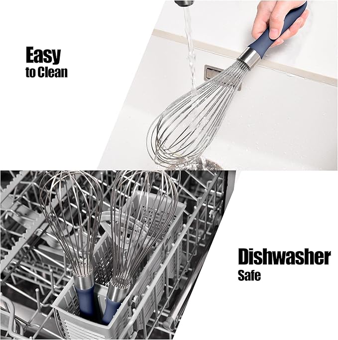 18/8 Stainless Steel Balloon Whisk, Doosu Kitchen Whisk for Cooking Handheld Egg Beater with Rust-Proof Sturdy Wires & Non-Slip Silicone Handle for Beating, Stirring, Blending (12 Wires, Navy Blue)