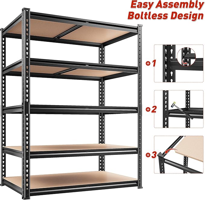 Standing Shelf Unit, 5-Tier Black Metal Storage Rack, 72-Inch Height
