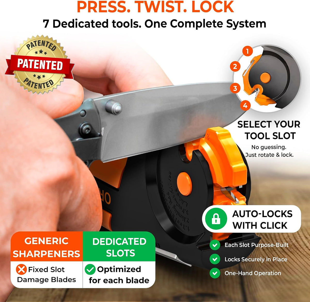 Orange Ninja 7-in-1 Garden Tool & Knife Sharpener- One Tool for Every Blade – set view