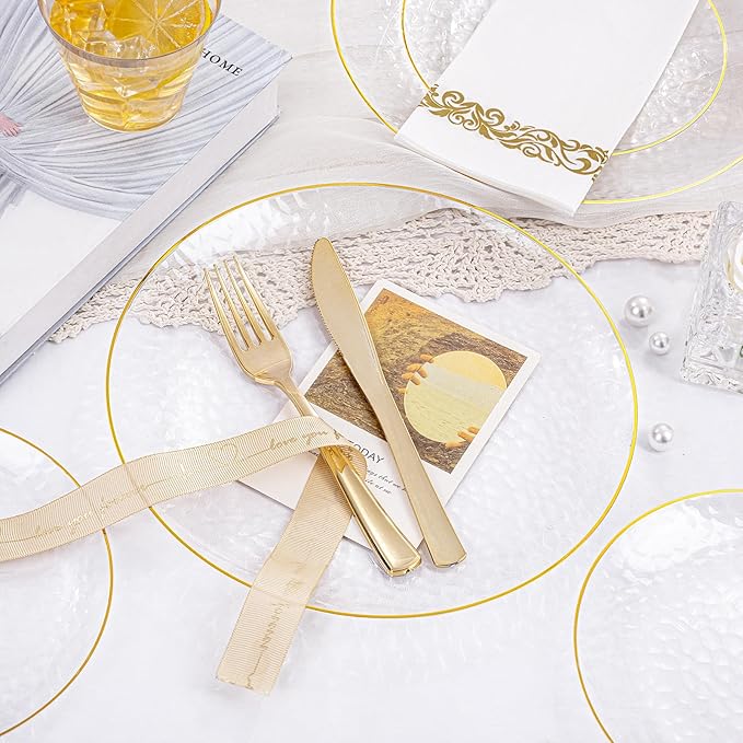 Plates Set for 25 Guests, Clear Gold Plastic Disposable Dinnerware