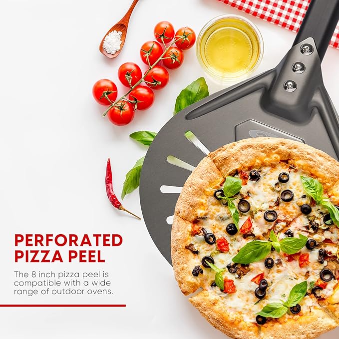TKC 8" Perforated Pizza Peel - Professional Aluminum Pizza Turning peel - Long Handle Metal Pizza Spatula for Indoor and Outdoor - Lightweight Non-Stick Pizza Turner - Pizza Oven Accessories
