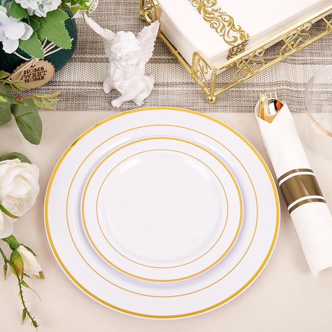 Plates Set, White and Gold Disposable Dinnerware for 50 Guests