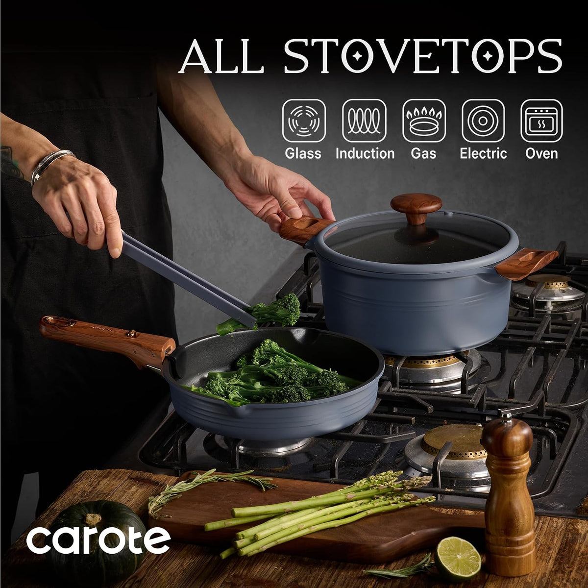 30pcs Titanium Cookware Set, Pots and Pans Set Detachable Handle – another angle