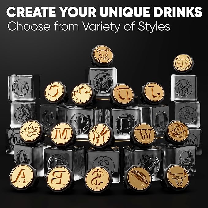 Berlinzo Ice Stamp Ring for Cube & Sphere - Custom Ice Cubes for Whiskey, Mojito Cocktails – B Letter Shaped Brass Ice Stamp b/ 3mm Depth - Black