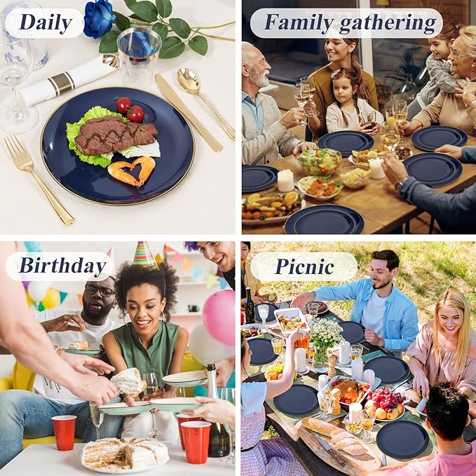 Plates Set, Navy Blue Heavy Duty Plastic with Gold Trim, 350 Pieces
