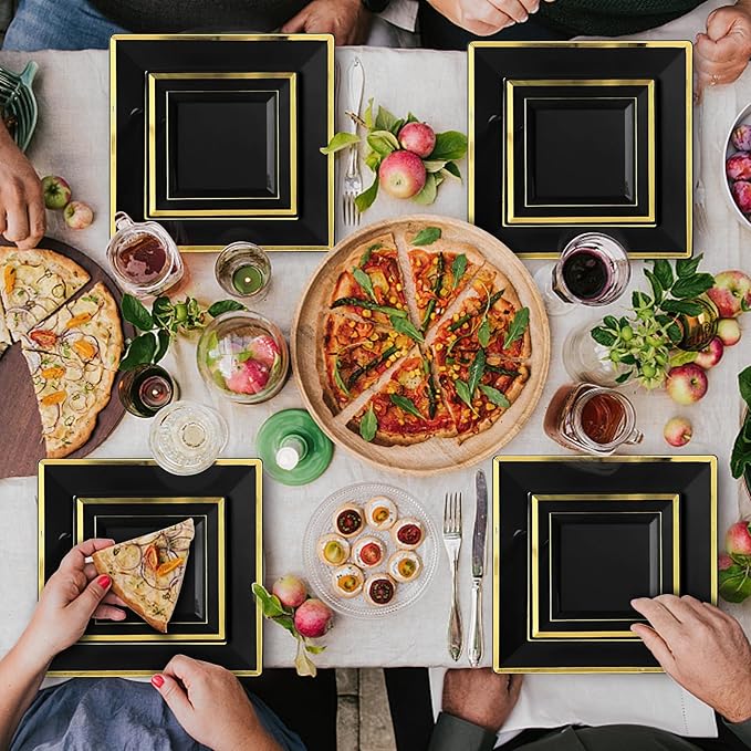 Party Plates Set, 352 Pieces in Black Plastic with Gold Rim