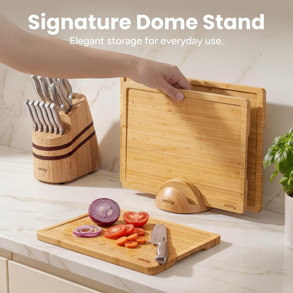 Cutting Boards for Kitchen, 3 Piece Bamboo Cutting Board with Stand – another angle