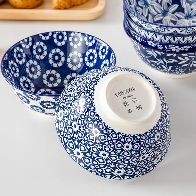 Porcelain Cereal Bowls Set of 6, 24 oz Blue Floral Design