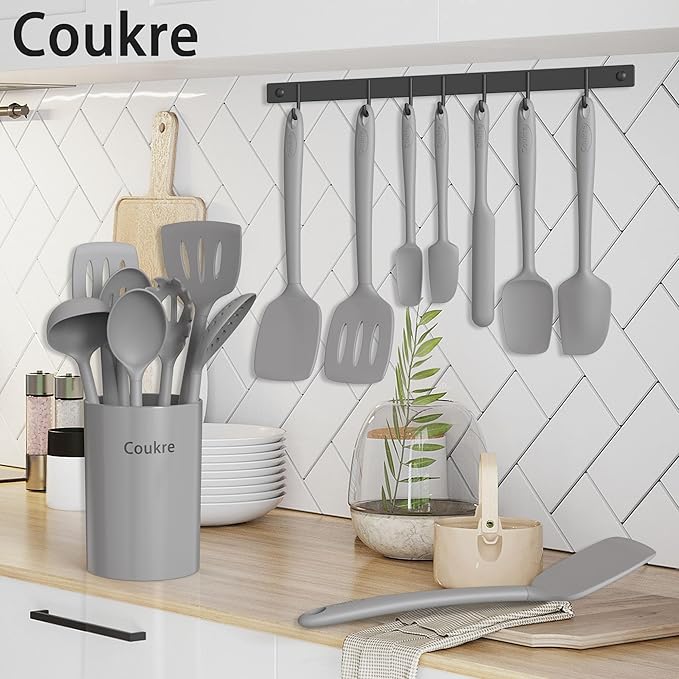 Silicone Kitchen Cooking Utensils Set with Holder – 14, PureGray