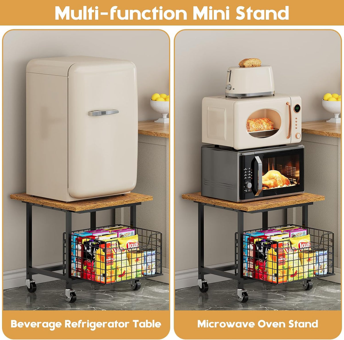 Mini Fridge Stand with Storage, Small Refrigerator Stand with Wheels, Rolling – another angle